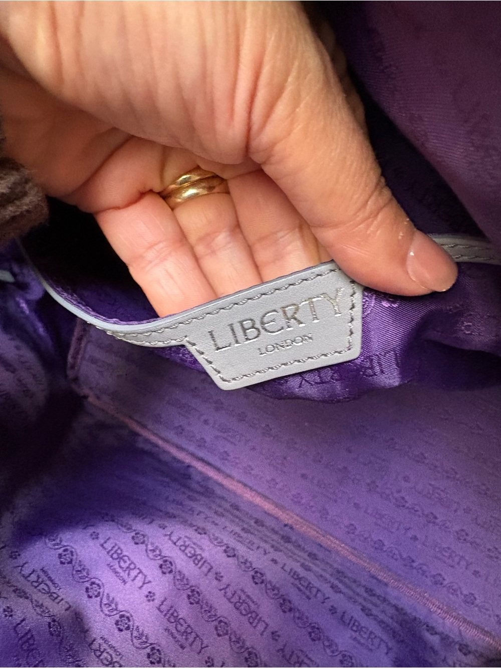 Liberty of London Iphis Gray Pattern Tote with Navy Pattern and Purple Interior - Picture 9 of 12